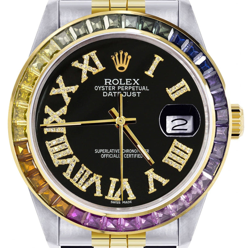 Diamond Gold Rolex Watch For Men 16233 | 36Mm | Rainbow Sapphire Bezel | Diamond Black Roman Numeral Dial | Jubilee Band