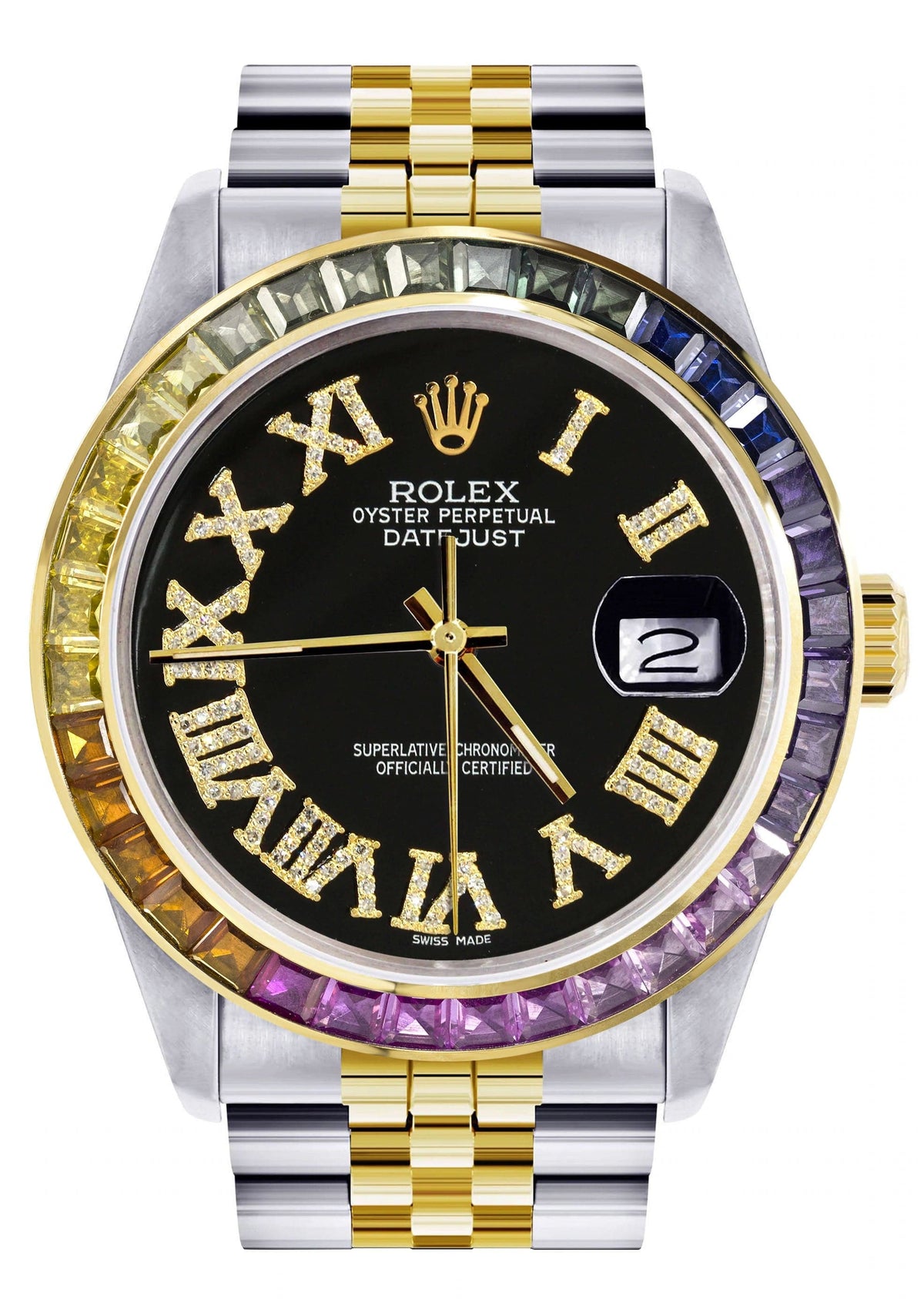 Diamond Gold Rolex Watch For Men 16233 | 36Mm | Rainbow Sapphire Bezel | Diamond Black Roman Numeral Dial | Jubilee Band