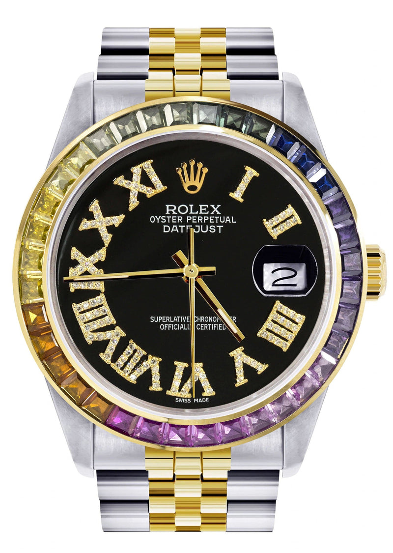 Diamond Gold Rolex Watch For Men 16233 | 36Mm | Rainbow Sapphire Bezel | Diamond Black Roman Numeral Dial | Jubilee Band