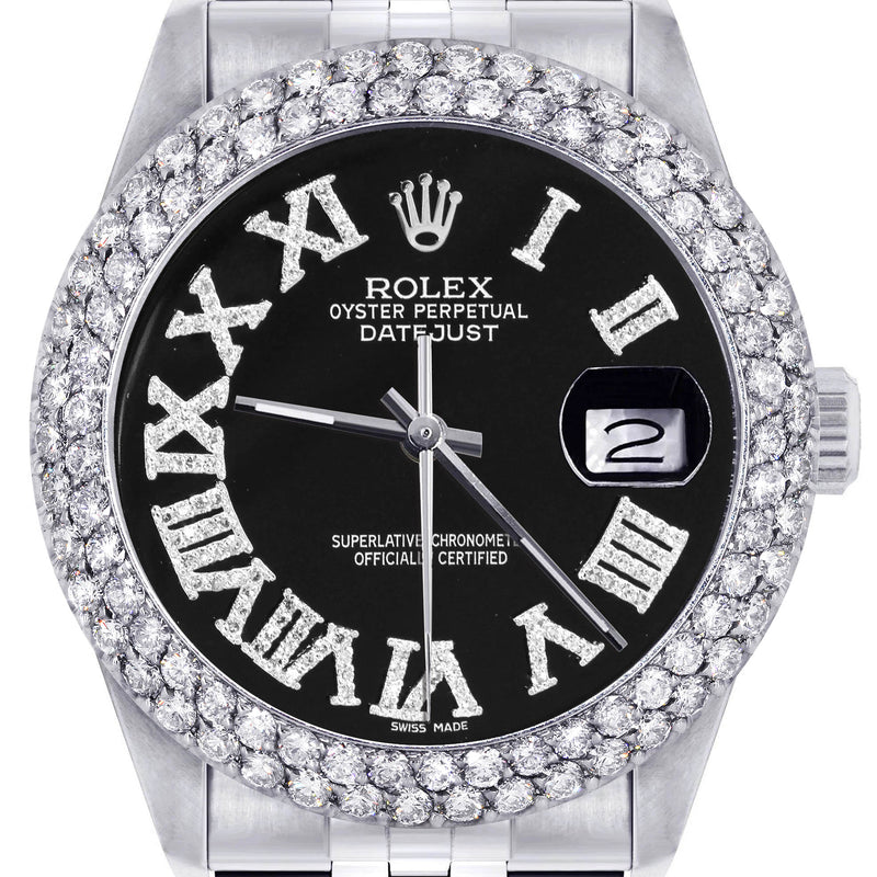 Womens Rolex Datejust Watch 16200 | 36Mm | Black Roman Numeral Dial | Two Row 4.25 Carat Bezel | Jubilee Band