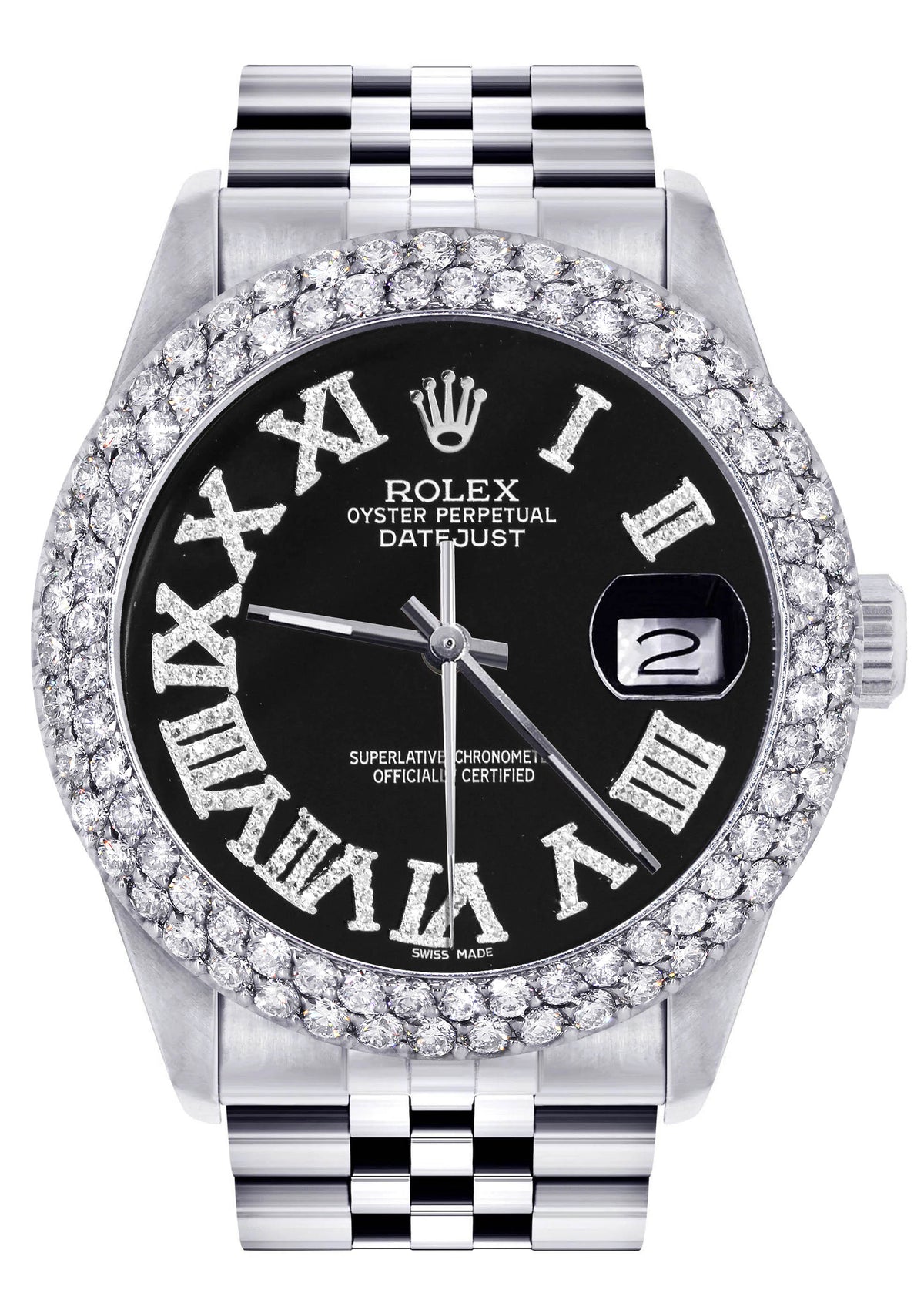Womens Rolex Datejust Watch 16200 | 36Mm | Black Roman Numeral Dial | Two Row 4.25 Carat Bezel | Jubilee Band