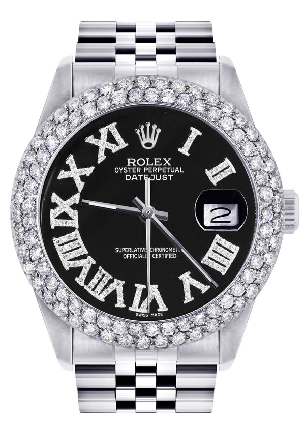 Womens Rolex Datejust Watch 16200 | 36Mm | Black Roman Numeral Dial | Two Row 4.25 Carat Bezel | Jubilee Band