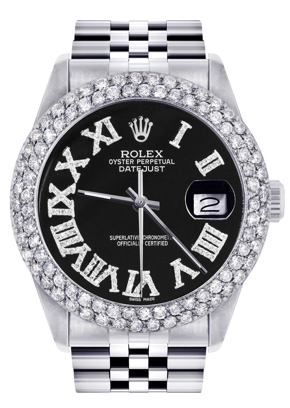 Womens Rolex Datejust Watch 16200 | 36Mm | Black Roman Numeral Dial | Two Row 4.25 Carat Bezel | Jubilee Band
