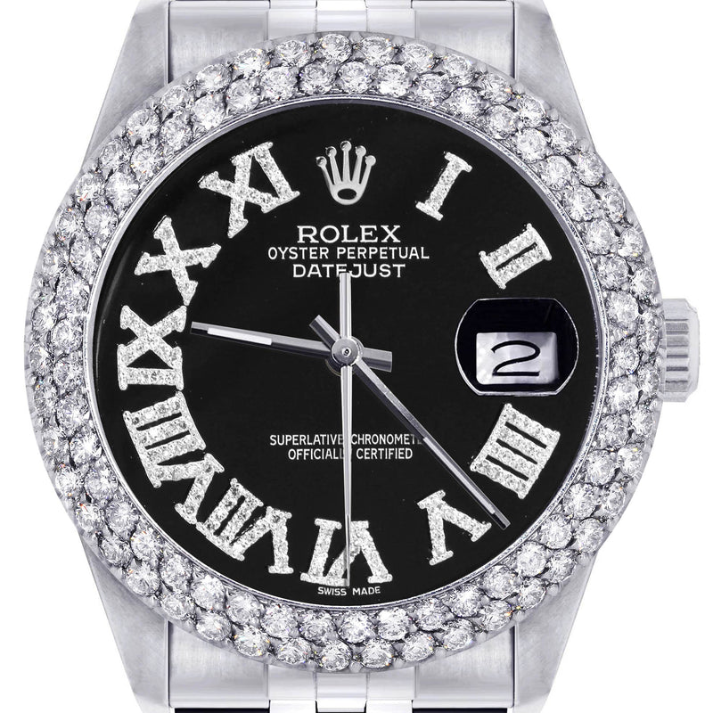 Mens Rolex Datejust Watch 16200 | 36Mm | Black Roman Numeral Dial | Two Row 4.25 Carat Bezel | Jubilee Band