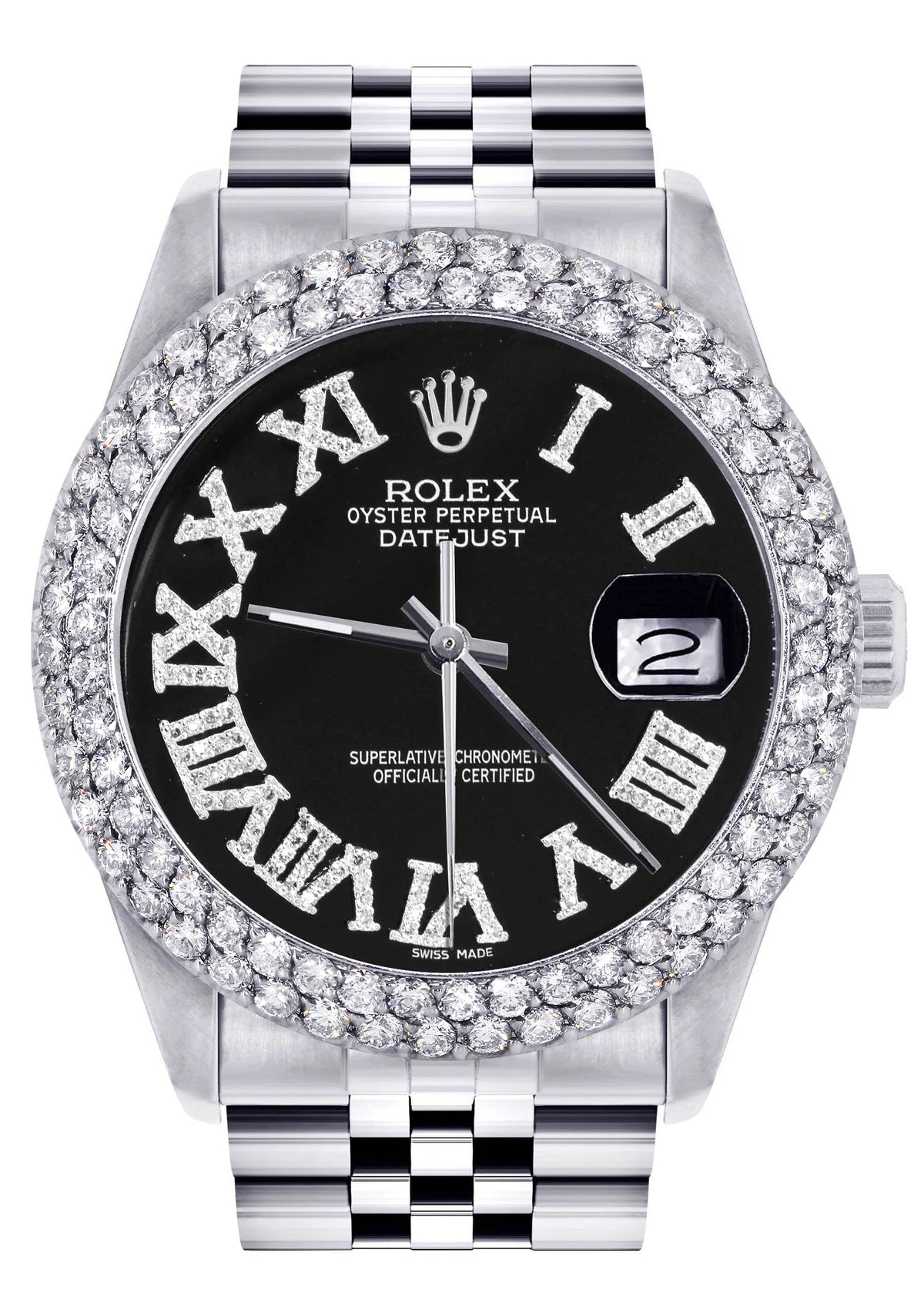 Mens Rolex Datejust Watch 16200 | 36Mm | Black Roman Numeral Dial | Two Row 4.25 Carat Bezel | Jubilee Band