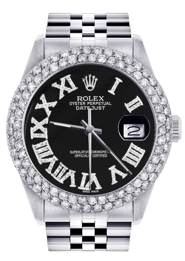 Mens Rolex Datejust Watch 16200 | 36Mm | Black Roman Numeral Dial | Two Row 4.25 Carat Bezel | Jubilee Band