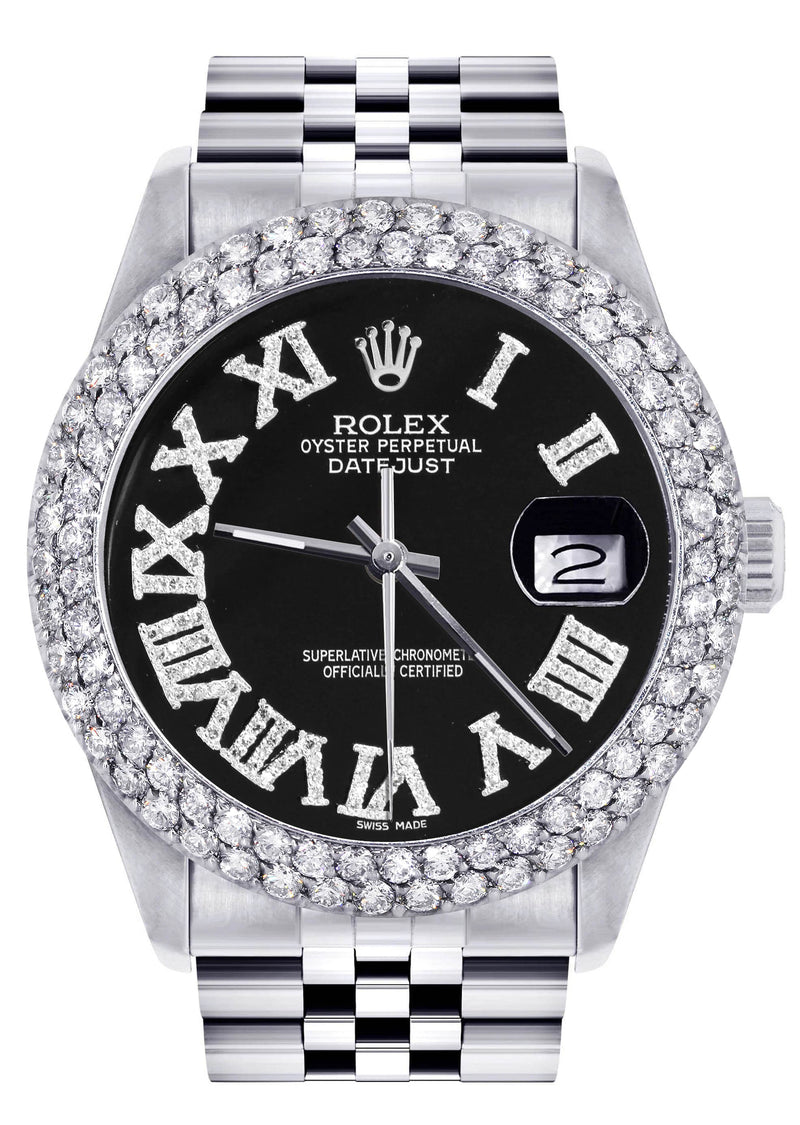 Mens Rolex Datejust Watch 16200 | 36Mm | Black Roman Numeral Dial | Two Row 4.25 Carat Bezel | Jubilee Band