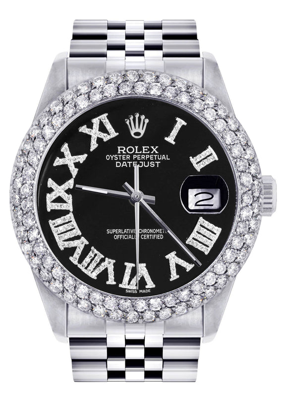 Mens Rolex Datejust Watch 16200 | 36Mm | Black Roman Numeral Dial | Two Row 4.25 Carat Bezel | Jubilee Band