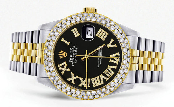 Diamond Gold Rolex Watch For Men 16233 | 36Mm | Black Roman Dial | Two Row 4.25 Carat Bezel | Jubilee Band