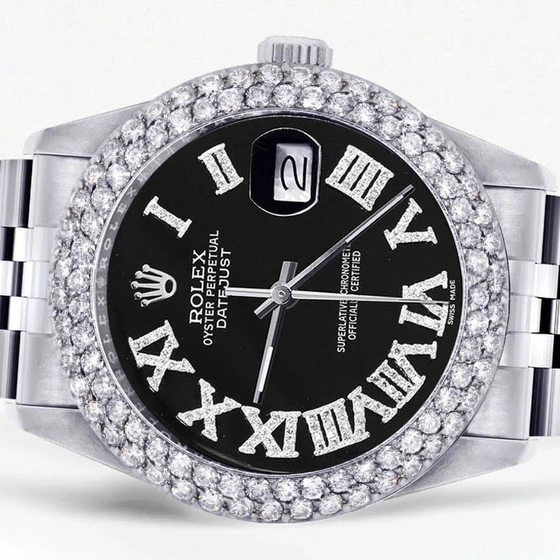 Womens Rolex Datejust Watch 16200 | 36Mm | Black Roman Numeral Dial | Two Row 4.25 Carat Bezel | Jubilee Band