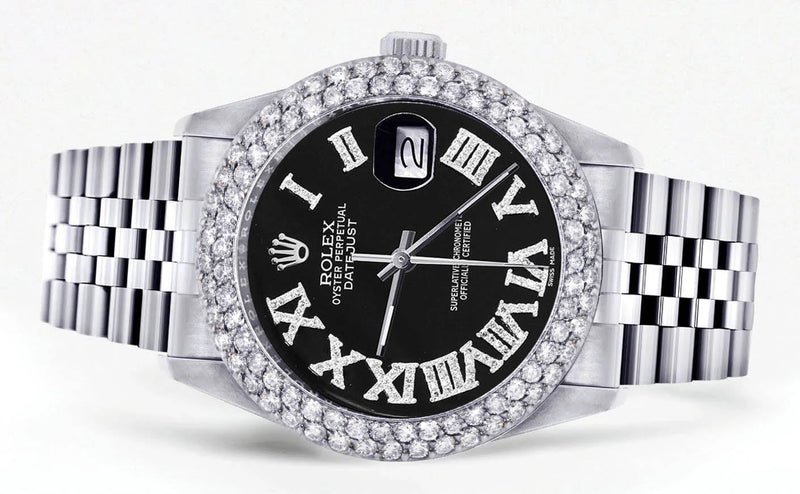 Womens Rolex Datejust Watch 16200 | 36Mm | Black Roman Numeral Dial | Two Row 4.25 Carat Bezel | Jubilee Band