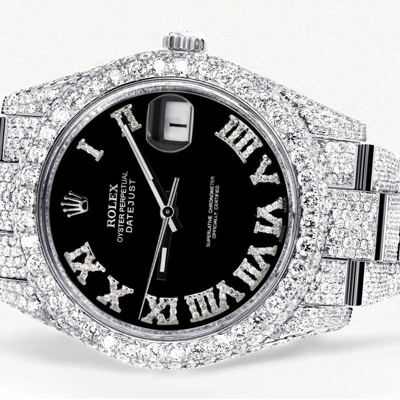 Womens Diamond Iced Out Rolex Datejust 41 | 25 Carats Of Diamonds | Custom Black Roman Numeral Diamond Dial | Two Row | Oyster Band