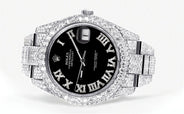 Womens Diamond Iced Out Rolex Datejust 41 | 25 Carats Of Diamonds | Custom Black Roman Numeral Diamond Dial | Two Row | Oyster Band
