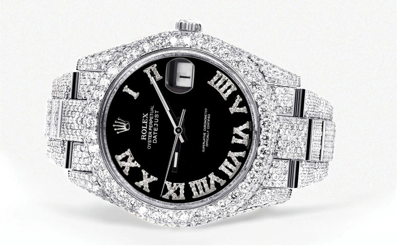Womens Diamond Iced Out Rolex Datejust 41 | 25 Carats Of Diamonds | Custom Black Roman Numeral Diamond Dial | Two Row | Oyster Band