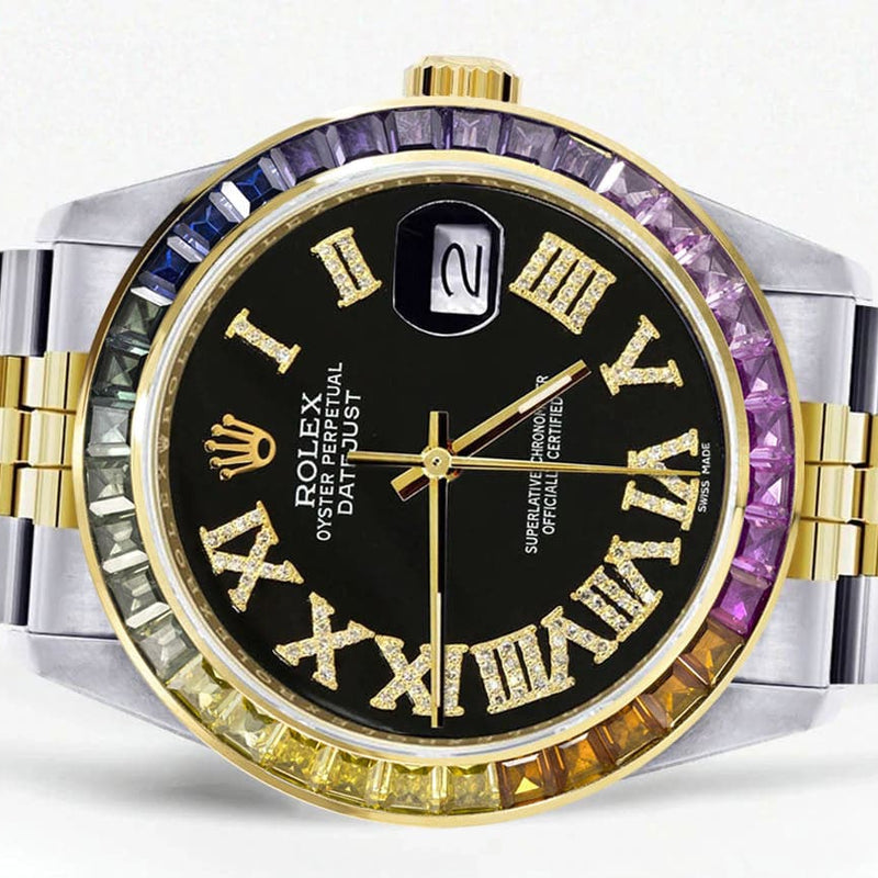 Diamond Gold Rolex Watch For Men 16233 | 36Mm | Rainbow Sapphire Bezel | Diamond Black Roman Numeral Dial | Jubilee Band