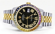 Diamond Gold Rolex Watch For Men 16233 | 36Mm | Rainbow Sapphire Bezel | Diamond Black Roman Numeral Dial | Jubilee Band