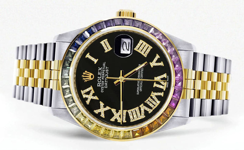 Diamond Gold Rolex Watch For Men 16233 | 36Mm | Rainbow Sapphire Bezel | Diamond Black Roman Numeral Dial | Jubilee Band