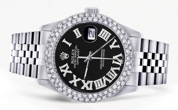 Mens Rolex Datejust Watch 16200 | 36Mm | Black Roman Numeral Dial | Two Row 4.25 Carat Bezel | Jubilee Band