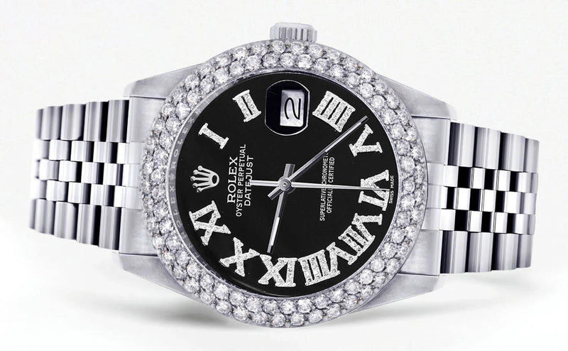 Mens Rolex Datejust Watch 16200 | 36Mm | Black Roman Numeral Dial | Two Row 4.25 Carat Bezel | Jubilee Band