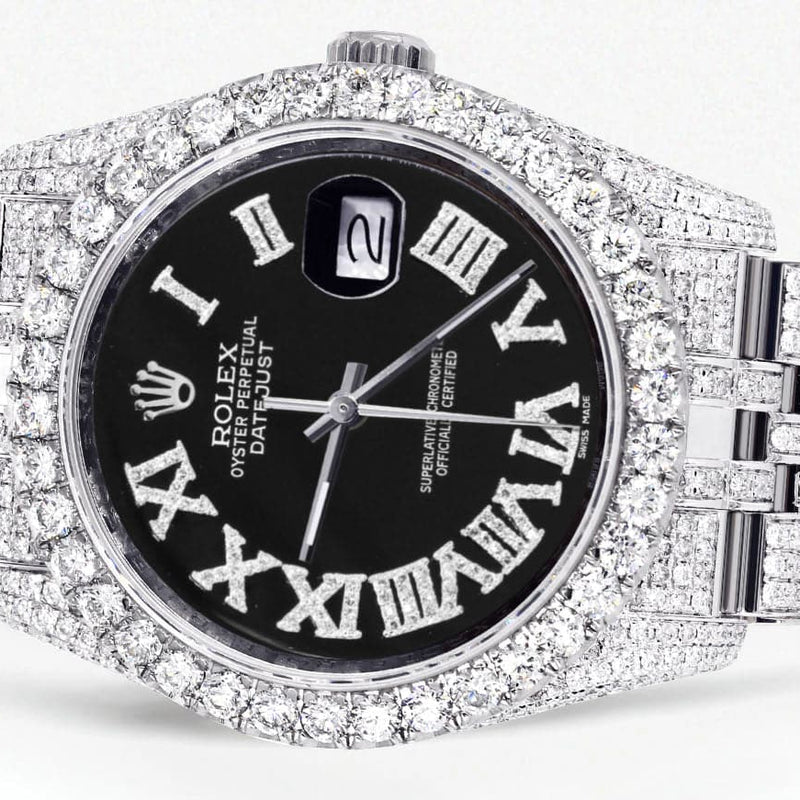 Iced Out Rolex Datejust 36 MM | Stainless Steel | 10 Carats of Diamonds | Black Roman Diamond Dial | Jubilee Band