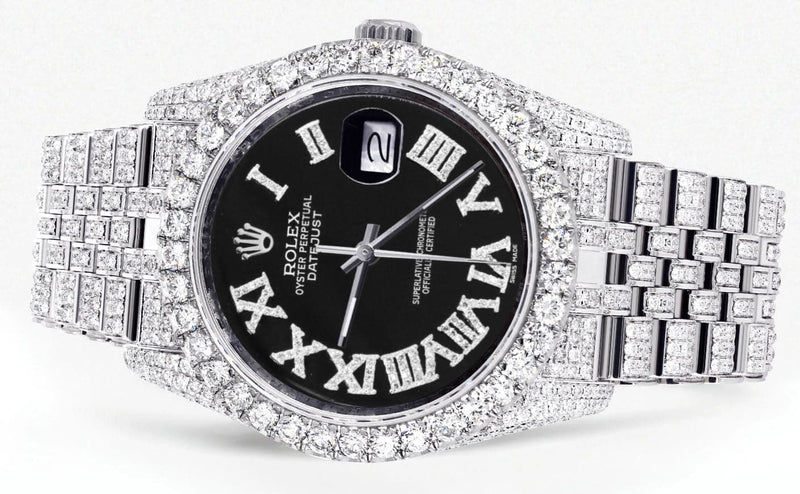 Iced Out Rolex Datejust 36 MM | Stainless Steel | 10 Carats of Diamonds | Black Roman Diamond Dial | Jubilee Band
