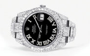 Diamond Iced Out Rolex Datejust 41 | 25 Carats Of Diamonds | Custom Black Roman Numeral Diamond Dial | Two Row | Oyster Band
