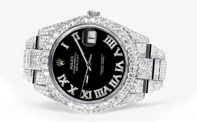 Diamond Iced Out Rolex Datejust 41 | 25 Carats Of Diamonds | Custom Black Roman Numeral Diamond Dial | Two Row | Oyster Band