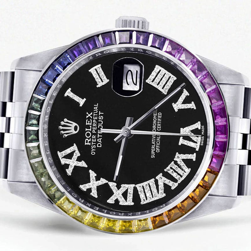 Diamond Gold Rolex Watch For Men 16200 | 36Mm | Rainbow Sapphire Bezel | Black Roman Numeral Dial | Jubilee Band