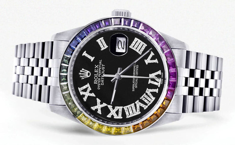 Diamond Gold Rolex Watch For Men 16200 | 36Mm | Rainbow Sapphire Bezel | Black Roman Numeral Dial | Jubilee Band