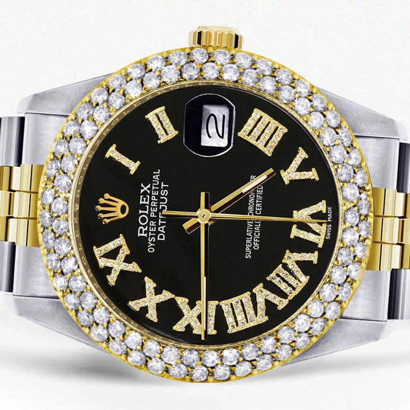 Diamond Gold Rolex Watch For Women 16233 | 36Mm | Black Roman Dial | Two Row 4.25 Carat Bezel | Jubilee Band