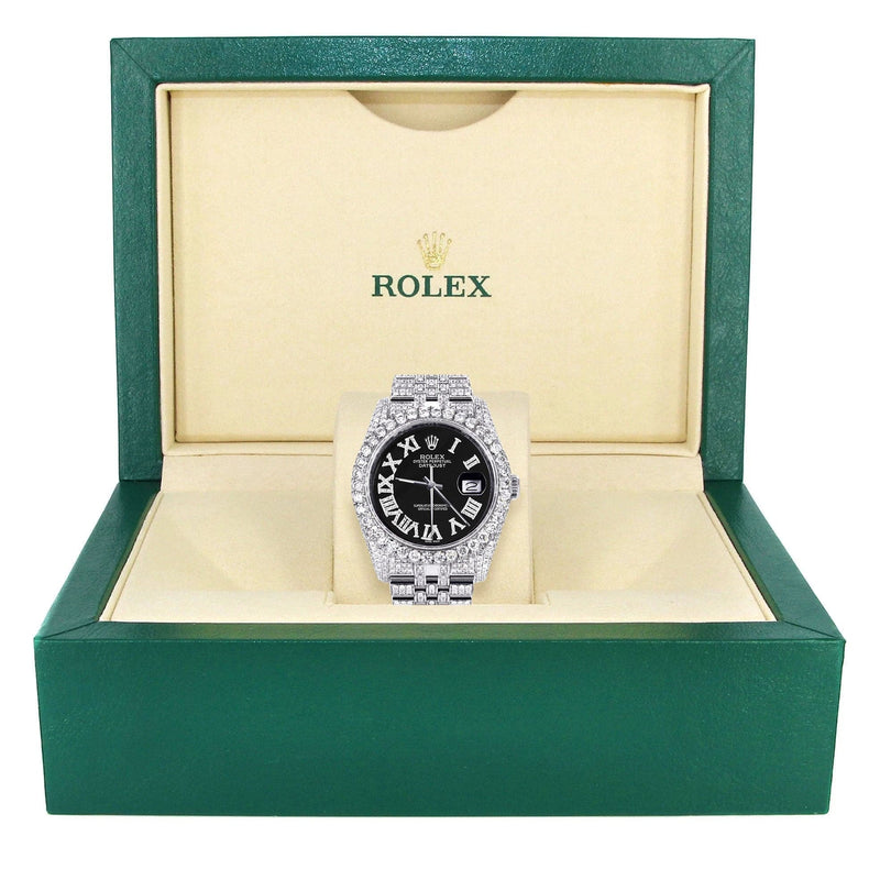 Iced Out Rolex Datejust 36 MM | Stainless Steel | 10 Carats of Diamonds | Black Roman Diamond Dial | Jubilee Band