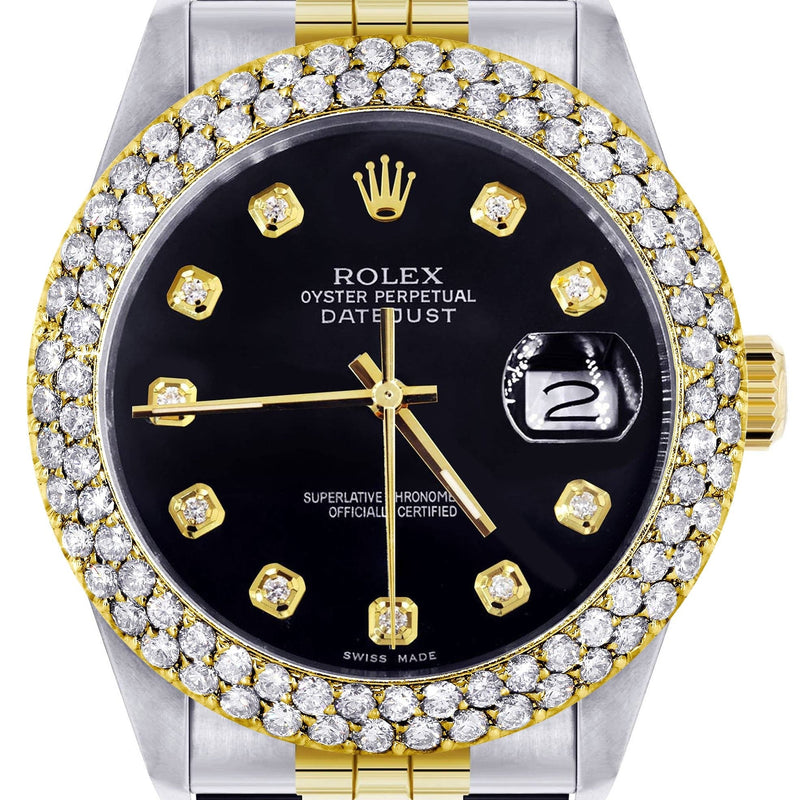 Diamond Gold Rolex Watch For Women 16233 | 36Mm | Black Dial | Two Row 4.25 Carat Bezel | Jubilee Band