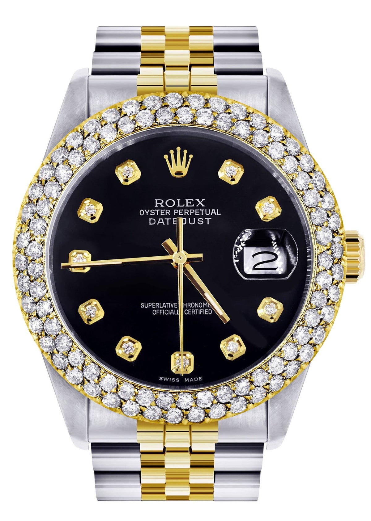 Diamond Gold Rolex Watch For Women 16233 | 36Mm | Black Dial | Two Row 4.25 Carat Bezel | Jubilee Band