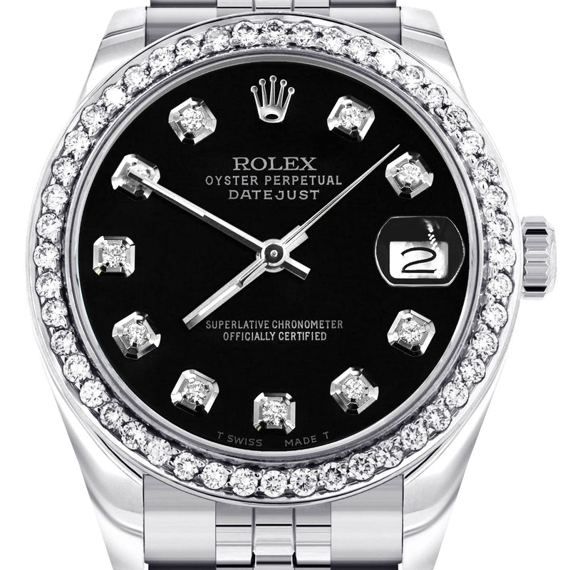 Diamond Rolex Watch | 68274 | Diamond Bezel | 31MM | Black Diamond Dial | Jubilee Band