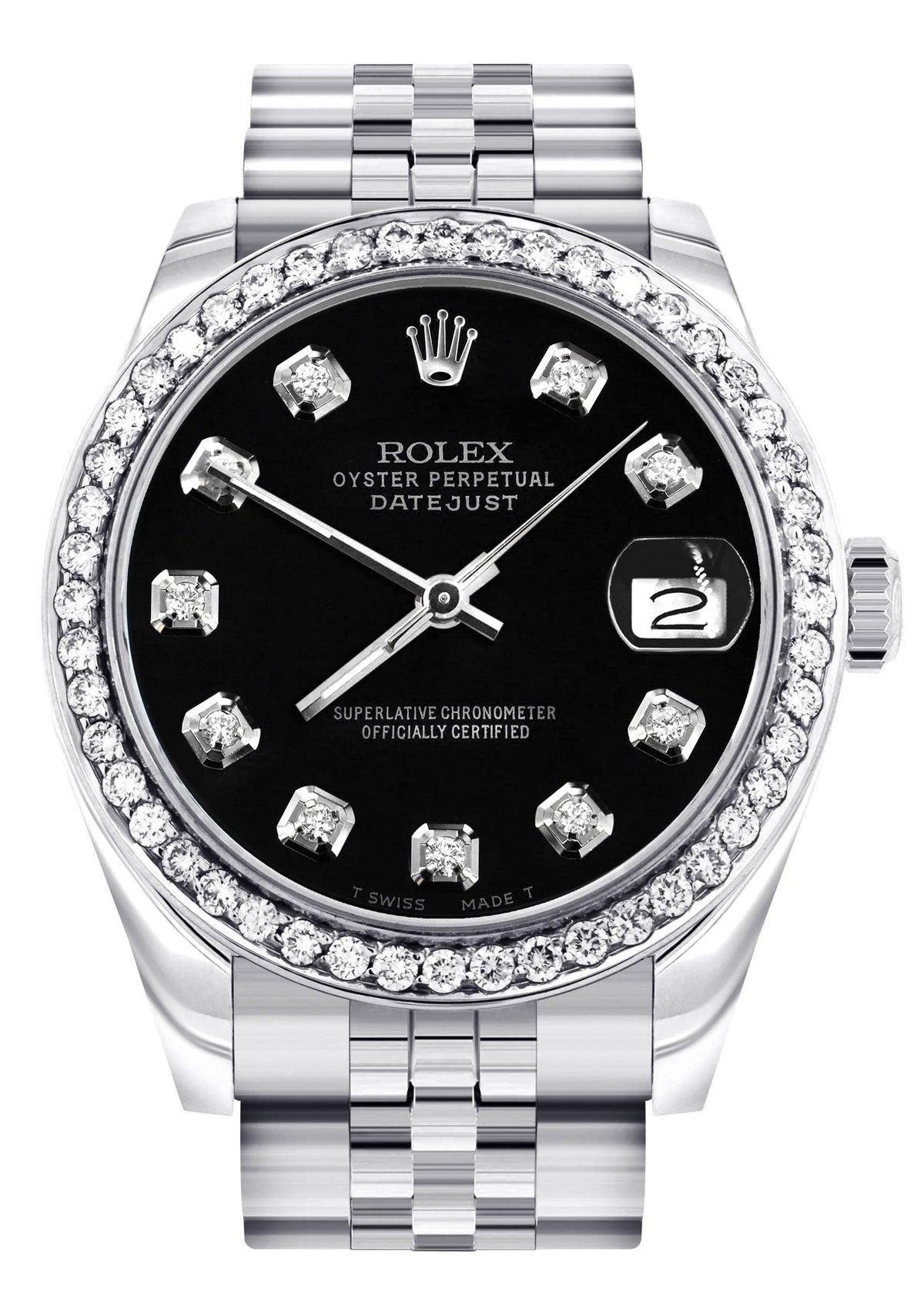 Diamond Rolex Watch | 68274 | Diamond Bezel | 31MM | Black Diamond Dial | Jubilee Band