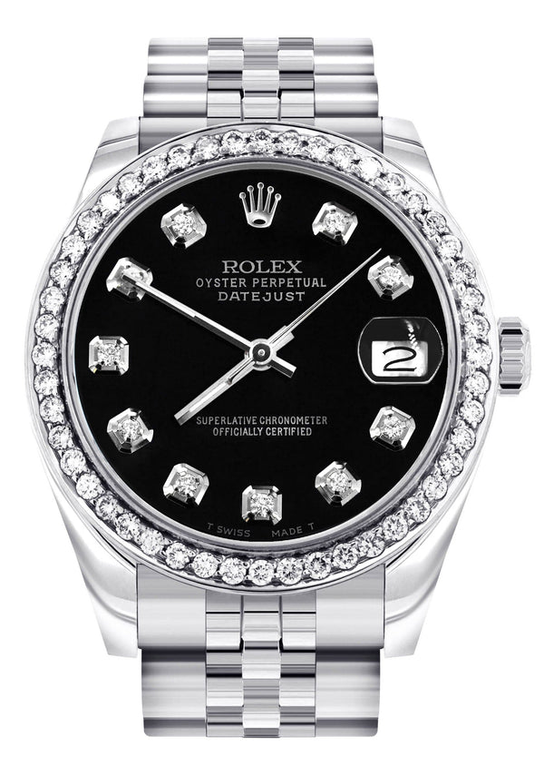 Diamond Rolex Watch | 68274 | Diamond Bezel | 31MM | Black Diamond Dial | Jubilee Band