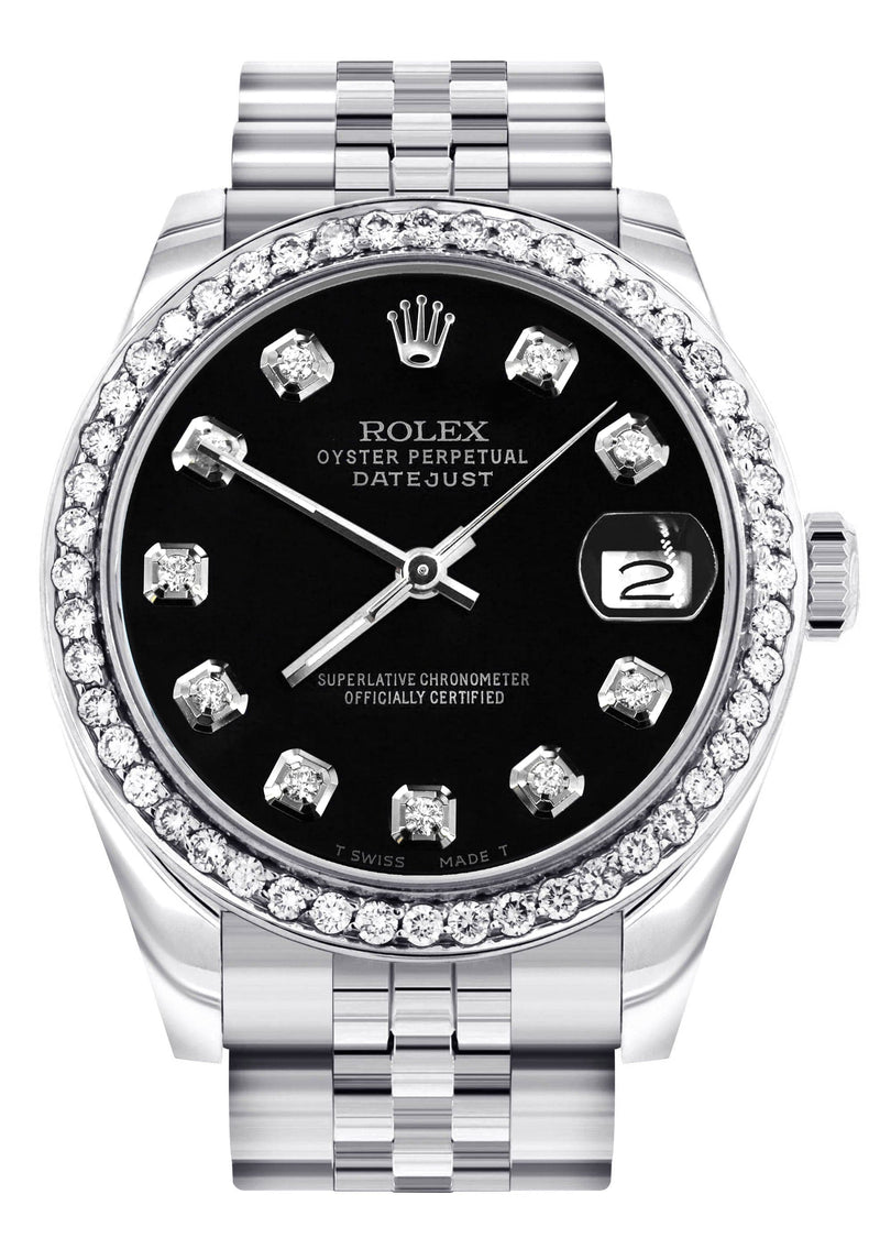 Diamond Rolex Watch | 68274 | Diamond Bezel | 31MM | Black Diamond Dial | Jubilee Band