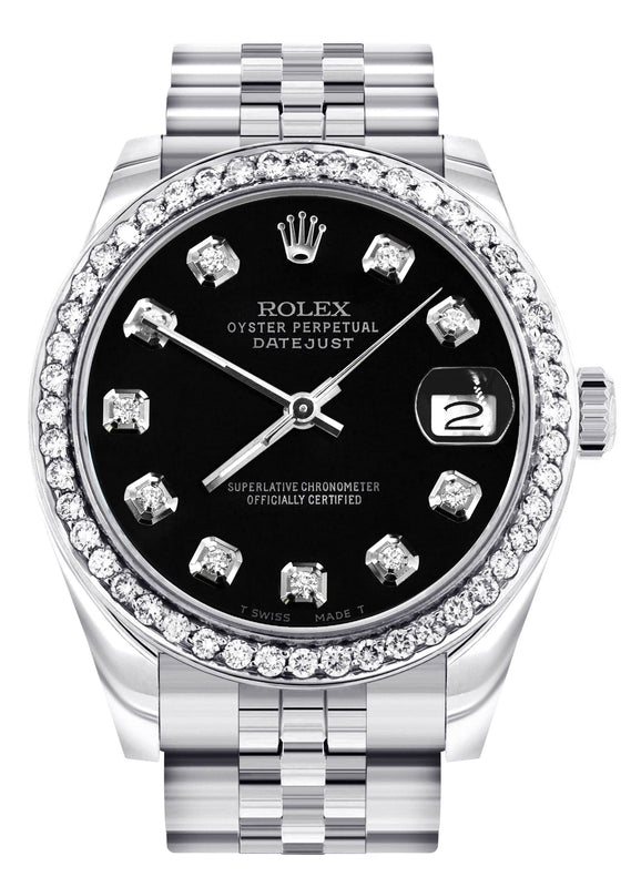 Diamond Rolex Watch | 68274 | Diamond Bezel | 31MM | Black Diamond Dial | Jubilee Band