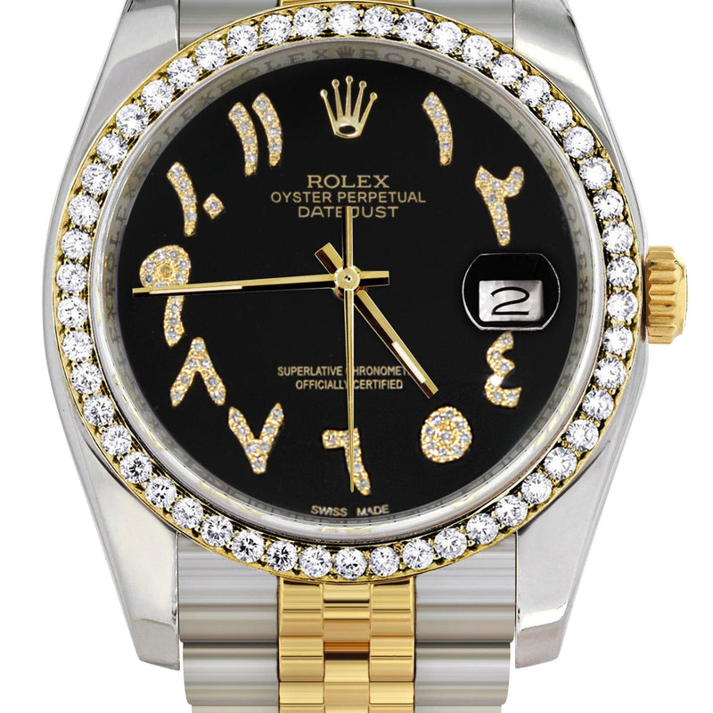 116233 | Hidden Clasp | Gold & Steel Rolex Datejust Watch | 36Mm | Black Arabic Diamond Dial | Jubilee Band