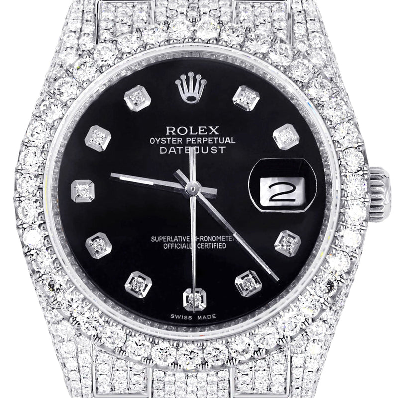 Iced Out Rolex Datejust 36 MM | Stainless Steel | 16.5 Carats of Diamonds | Black Dial | Jubilee Band | Model 116200