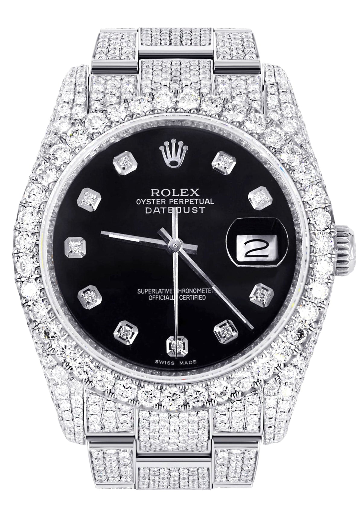 Iced Out Rolex Datejust 36 MM | Stainless Steel | 16.5 Carats of Diamonds | Black Dial | Jubilee Band | Model 116200