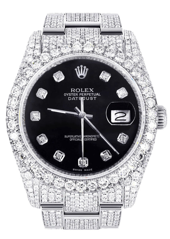 Iced Out Rolex Datejust 36 MM | Stainless Steel | 16.5 Carats of Diamonds | Black Dial | Jubilee Band | Model 116200