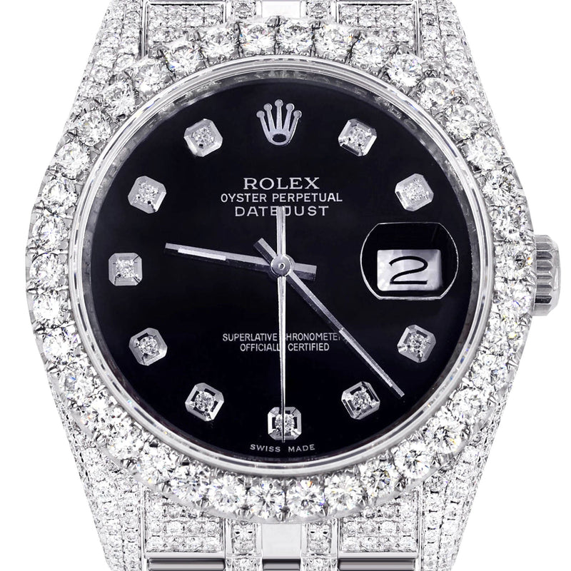 Iced Out Rolex Datejust 36 MM | Stainless Steel | 16.5 Carats of Diamonds | Black Dial | Jubilee Band | Model 116200
