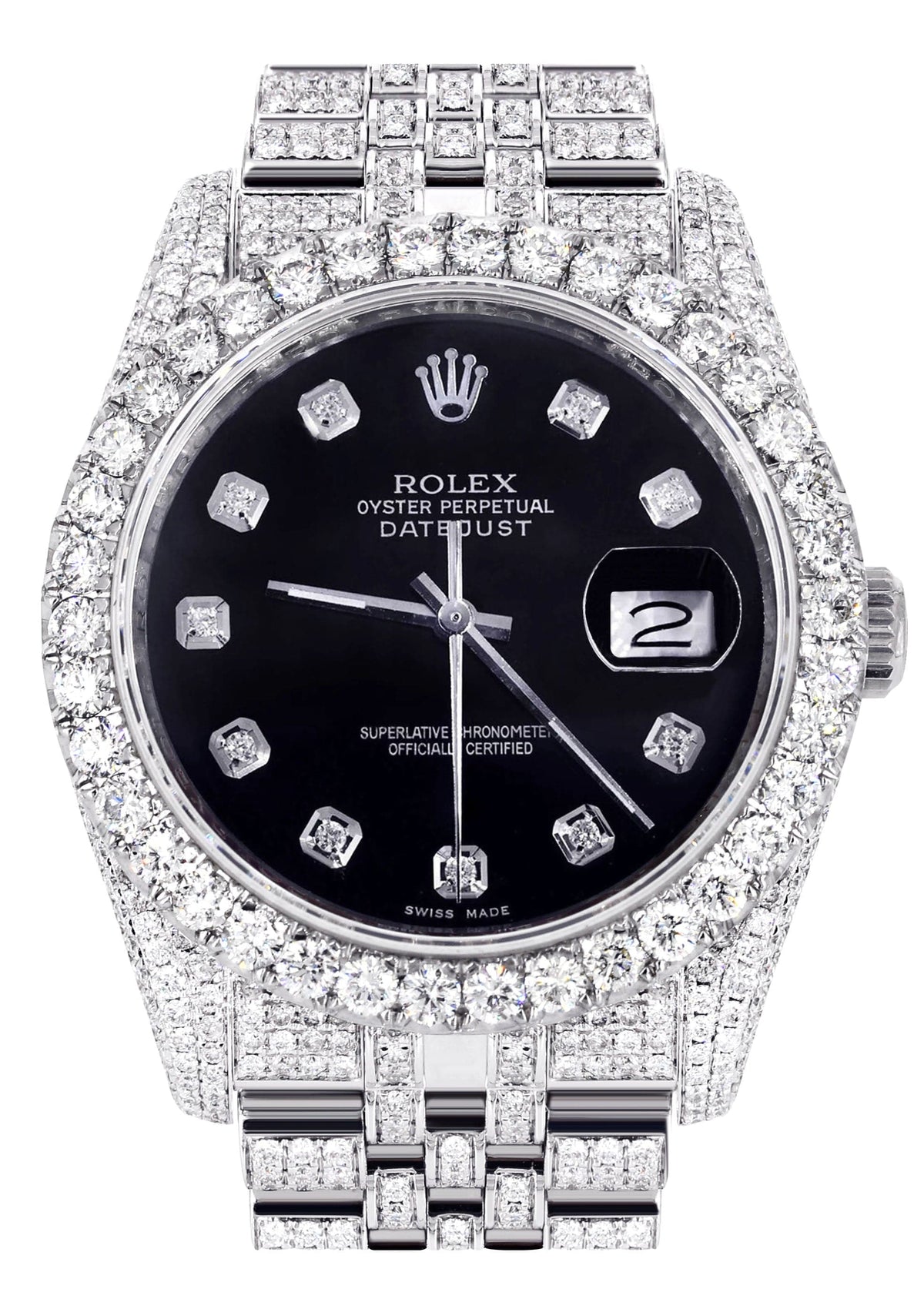 Iced Out Rolex Datejust 36 MM | Stainless Steel | 16.5 Carats of Diamonds | Black Dial | Jubilee Band | Model 116200