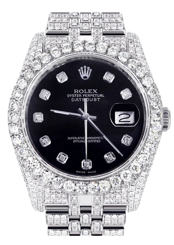 Iced Out Rolex Datejust 36 MM | Stainless Steel | 16.5 Carats of Diamonds | Black Dial | Jubilee Band | Model 116200