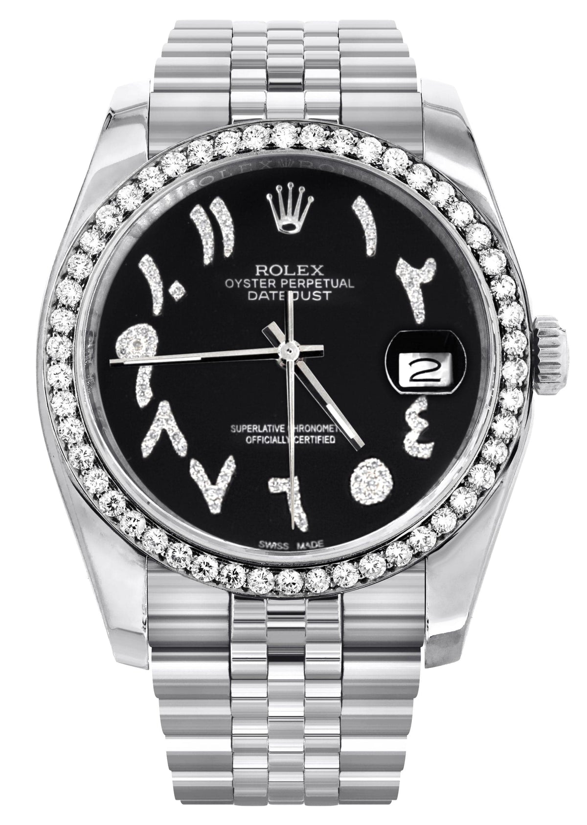 116200 | Hidden Clasp | Diamond Rolex Datejust Watch | 36Mm | Black Arabic Diamond Dial | Jubilee Band