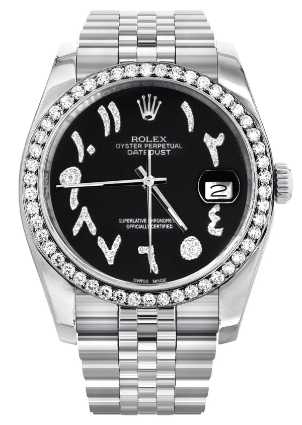 116200 | Hidden Clasp | Diamond Rolex Datejust Watch | 36Mm | Black Arabic Diamond Dial | Jubilee Band
