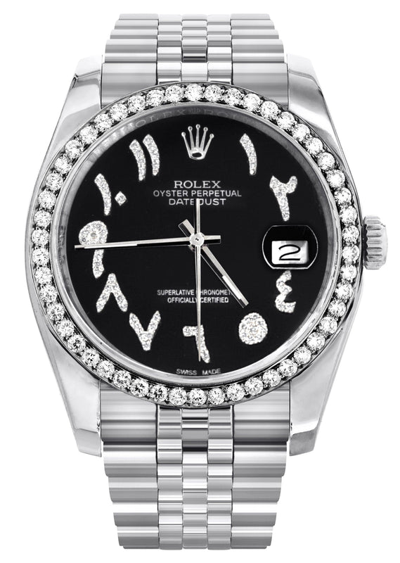 116200 | Hidden Clasp | Diamond Rolex Datejust Watch | 36Mm | Black Arabic Diamond Dial | Jubilee Band