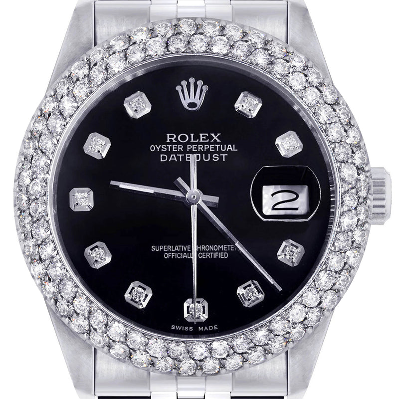 Womens Rolex Datejust Watch 16200 | 36Mm | Black Dial | Two Row 4.25 Carat Bezel | Jubilee Band
