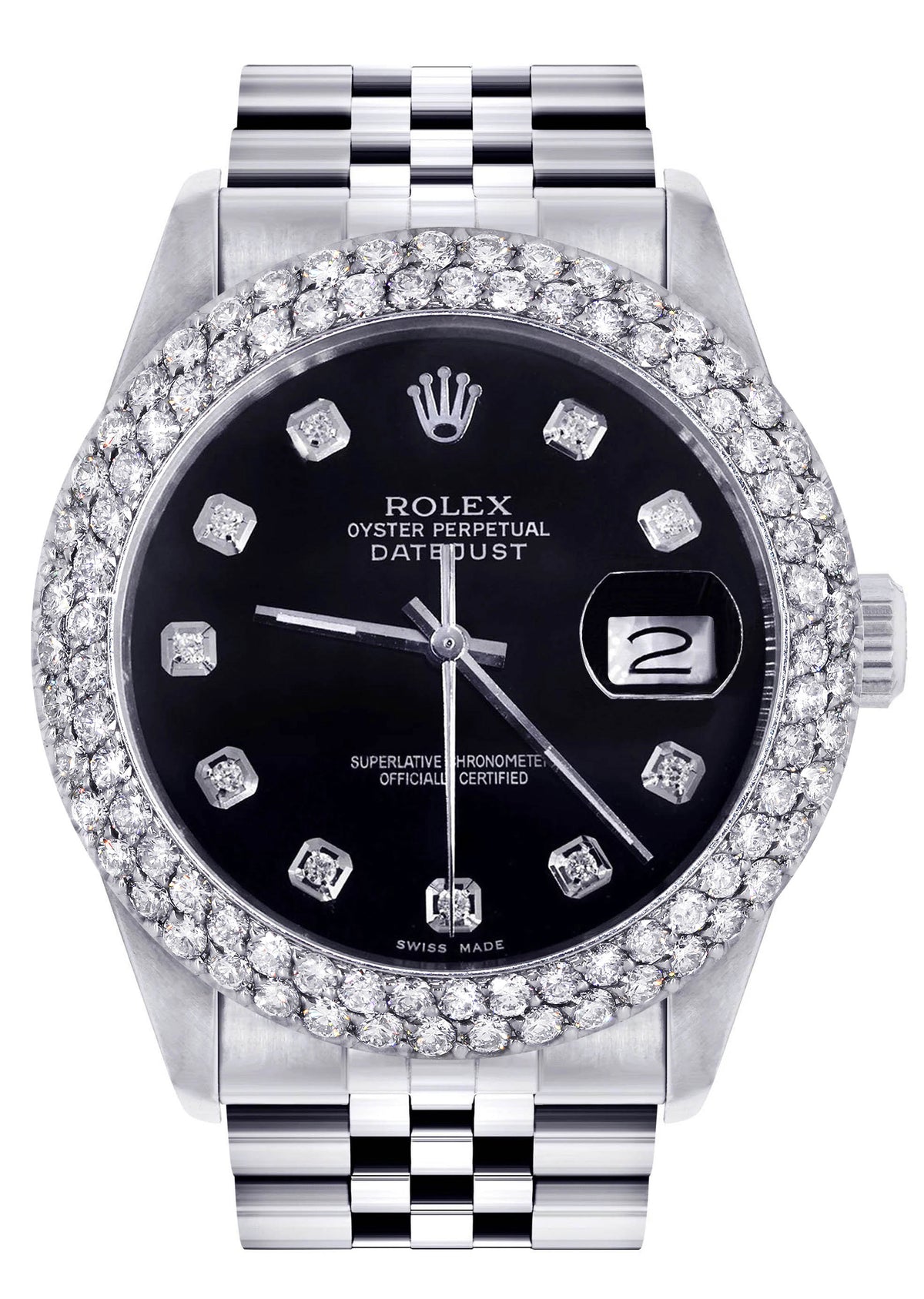 Womens Rolex Datejust Watch 16200 | 36Mm | Black Dial | Two Row 4.25 Carat Bezel | Jubilee Band